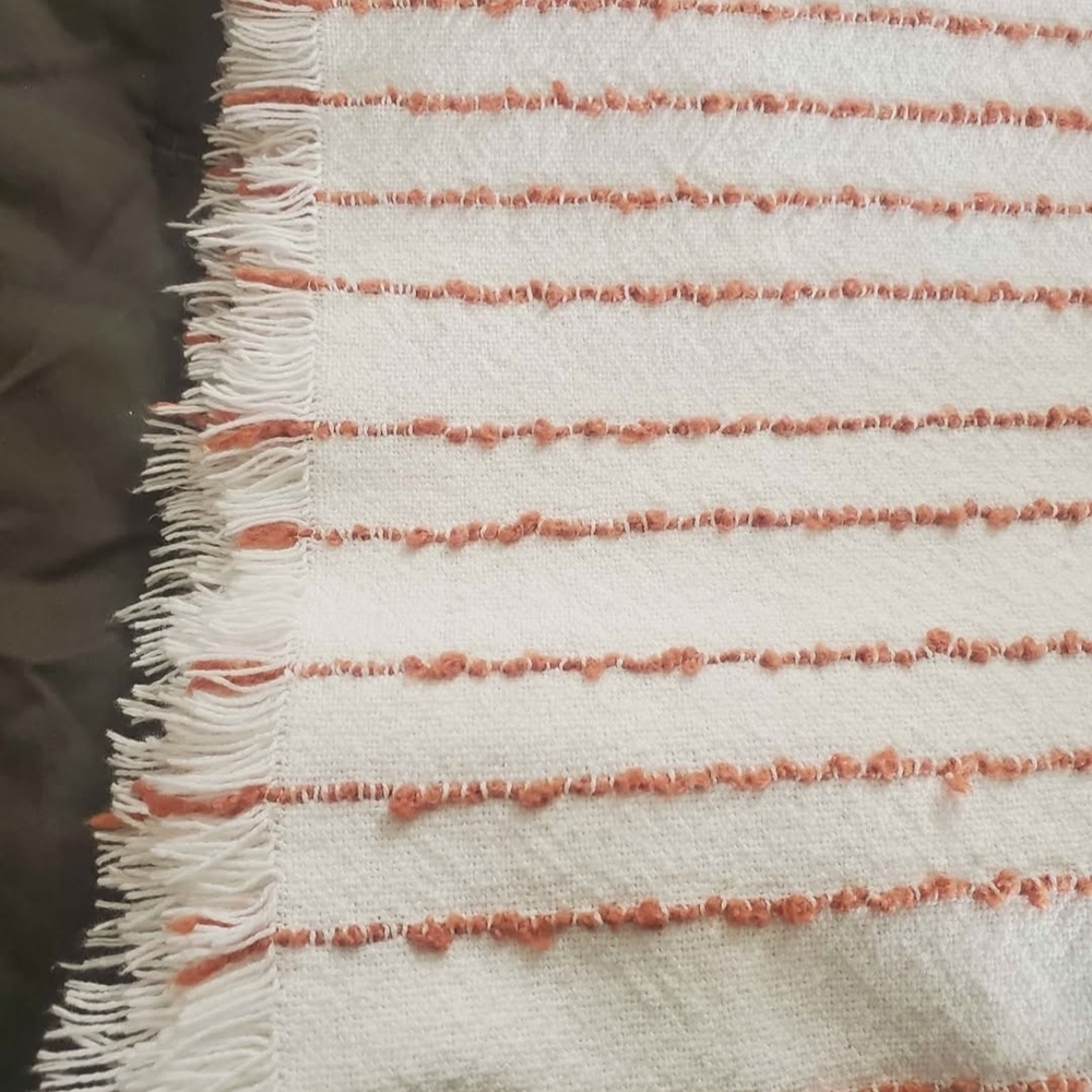 Beautiful Textured White Linen Blanket with Terracotta Wool Fiber Stripe